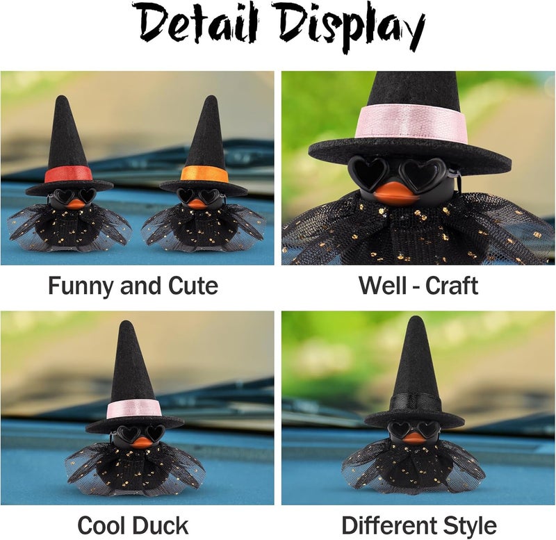 wonuu Car Dashboard Witch Black Rubber Ducks for Halloween, Decorations Duck for Office Desk Ornament Accessories with Hat Glasses Skirt, Black - Image 4